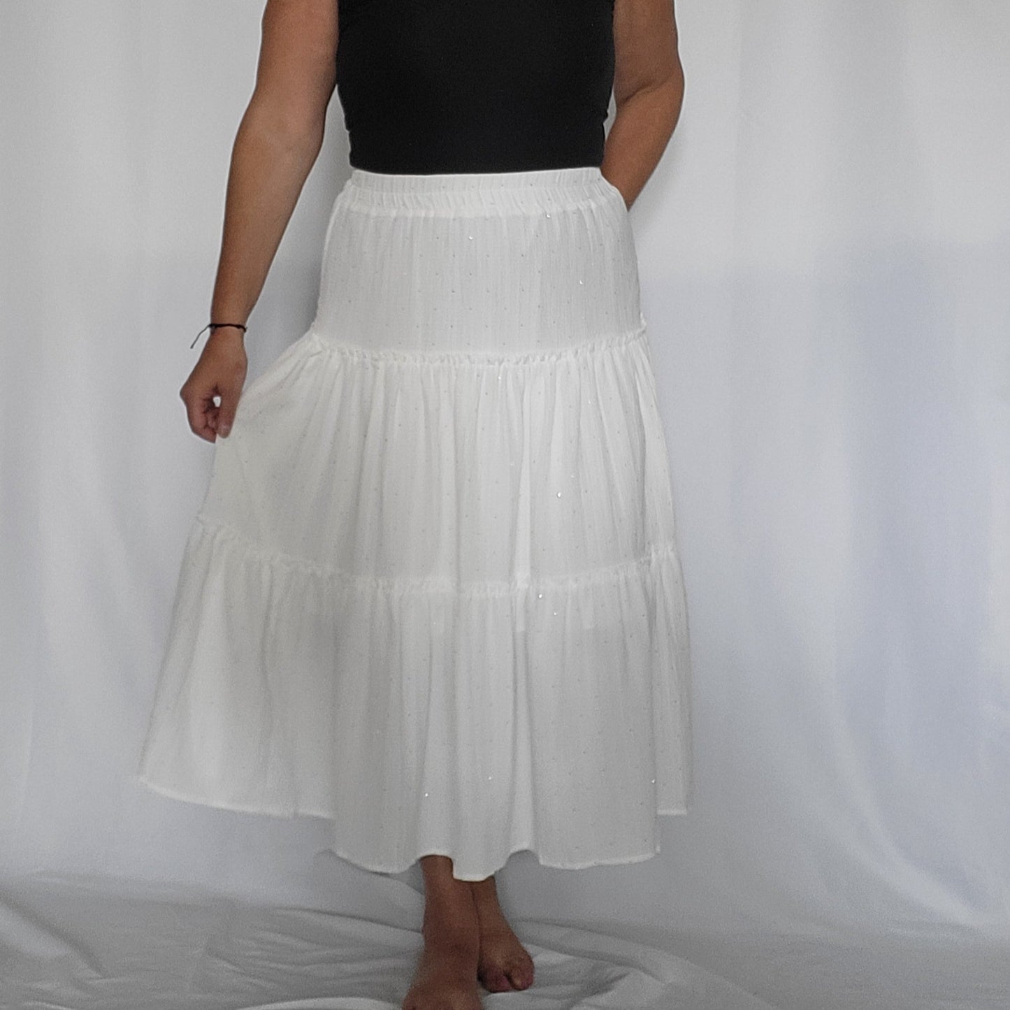 Tiered White Maxi Skirt with Rhinestone Accent