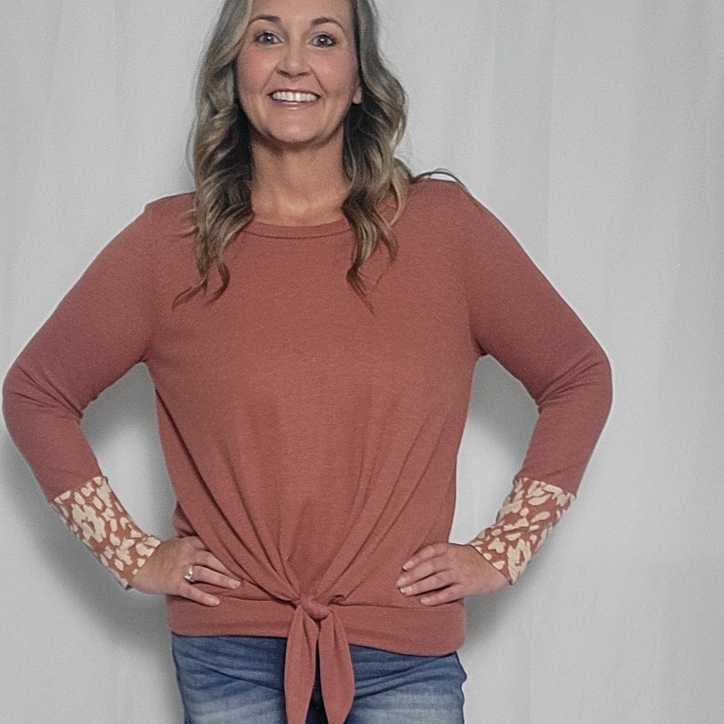 Burnt Coral Long Sleeve Leopard Accent Sleeve
