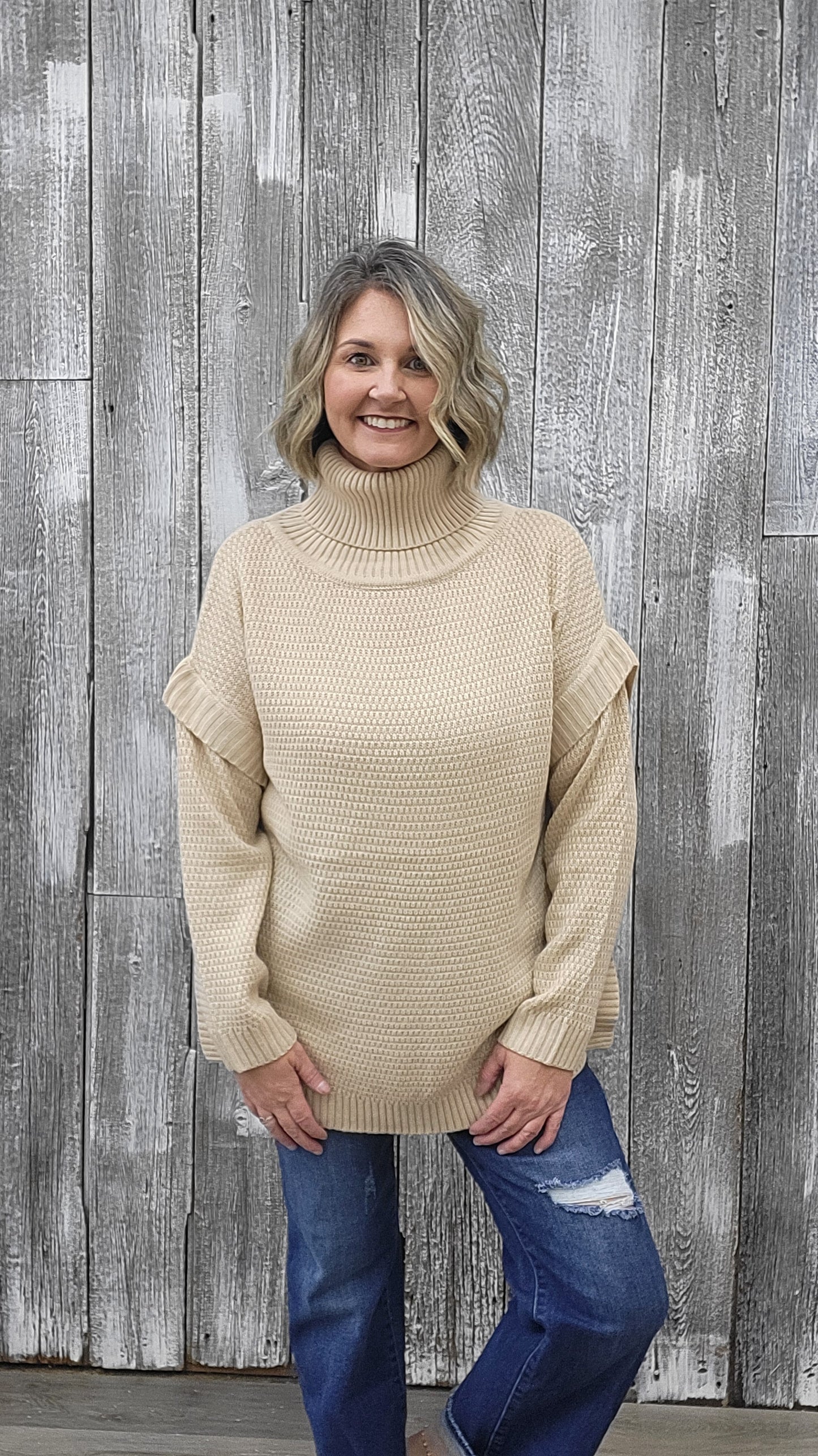 High Neck Waffle Texture Tan Sweater