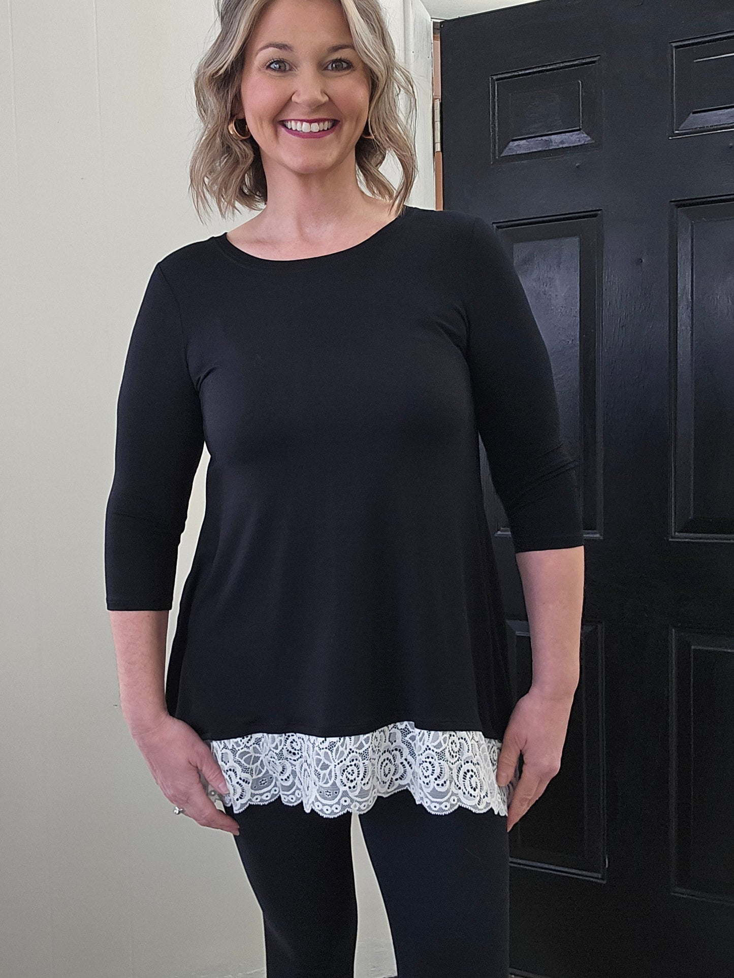 3/4 Sleeve Black Shirt with Lace Trim