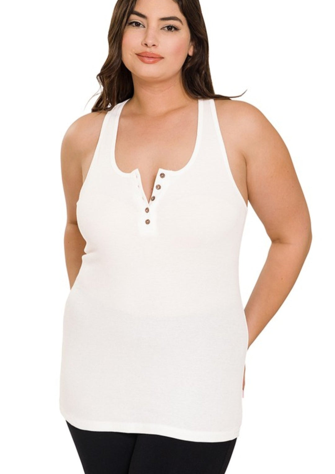 Curvy White Ribbed Button Tank