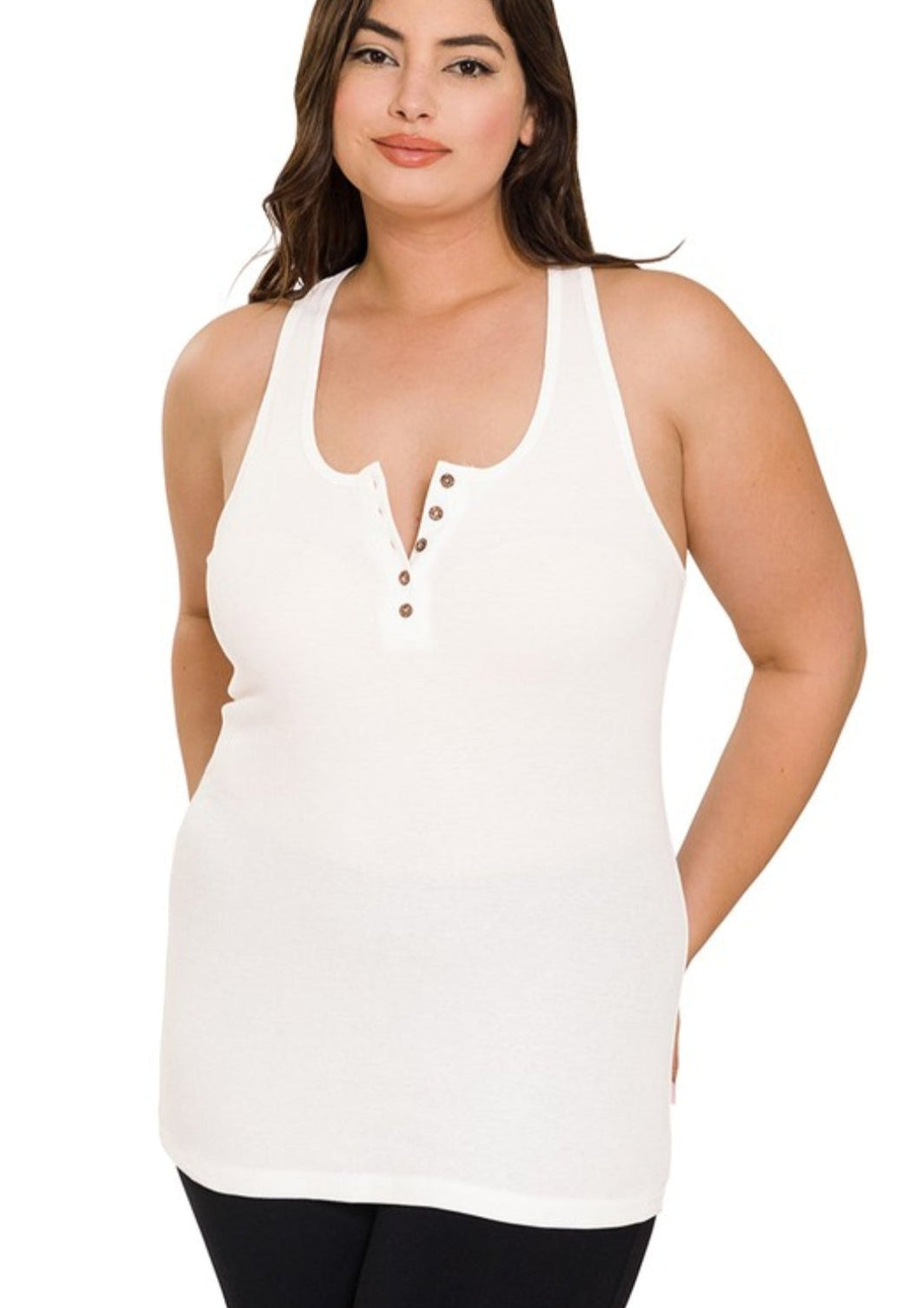 Curvy White Ribbed Button Tank