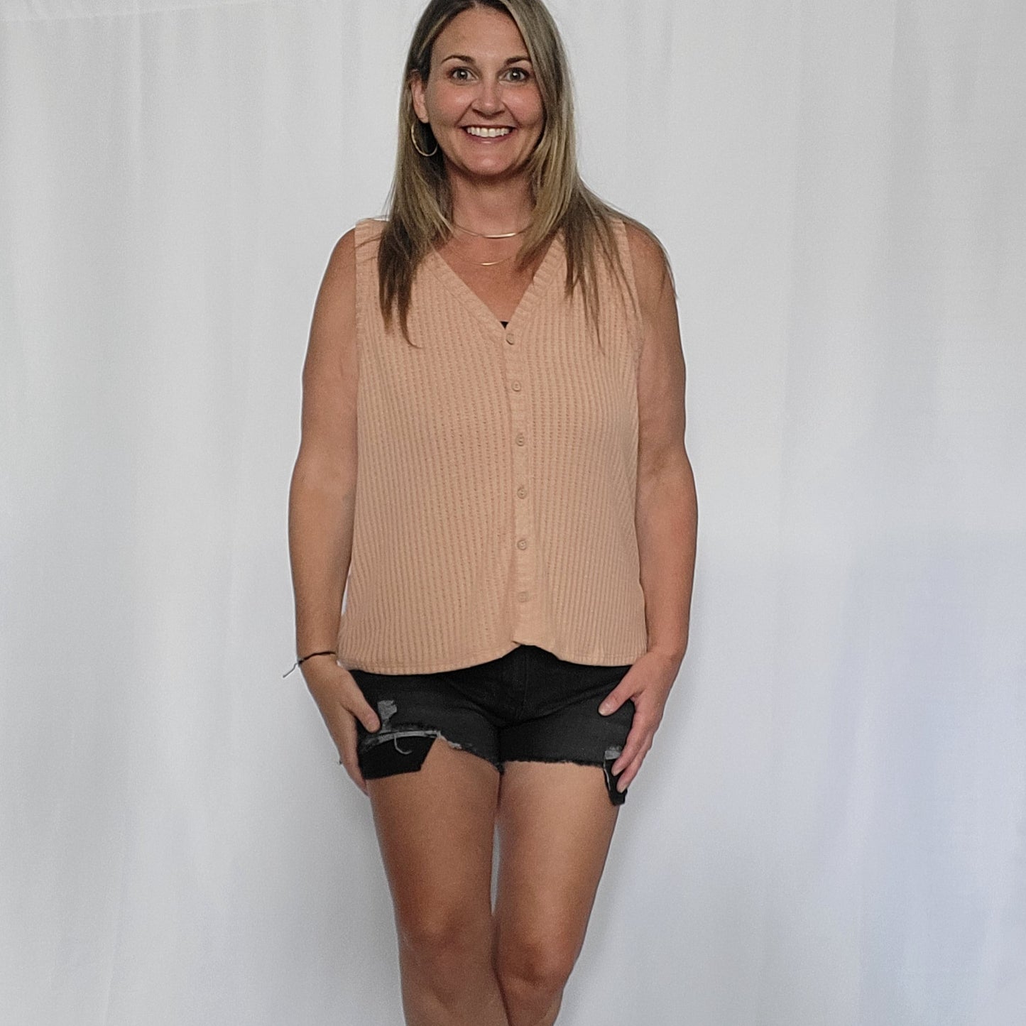 Tan Waffle Button Up Tank Top