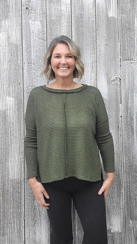 Olive Dolman Long Sleeve Waffle Knit