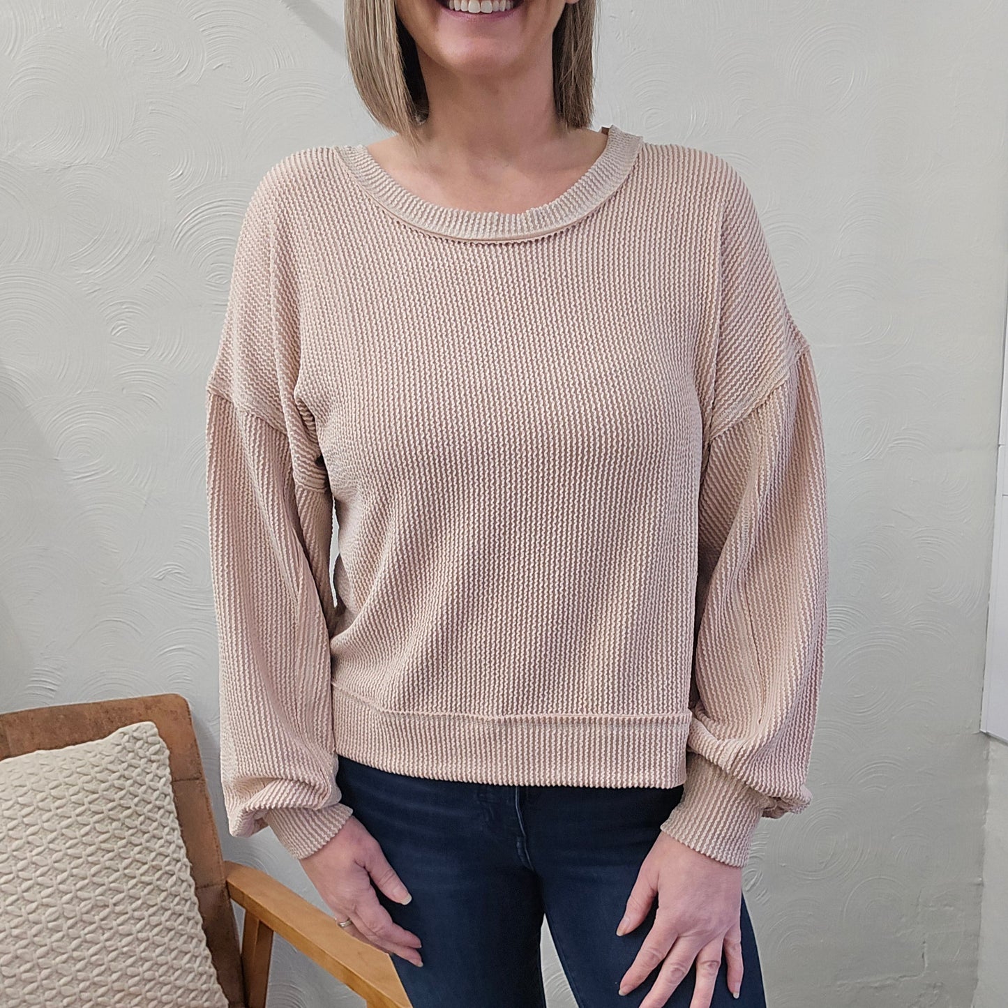 Two Tone Otto Ribbed Over-sized Soft Comfy Knit Top