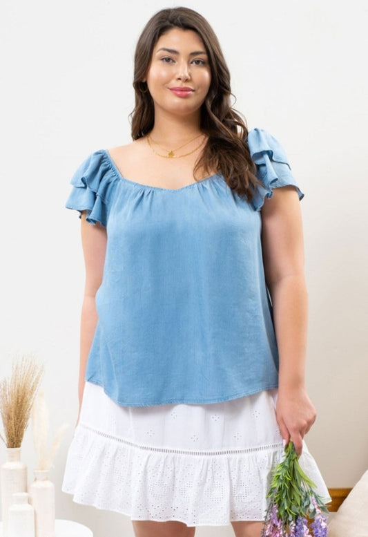 Elle Chambray Ruffle Sleeve Top